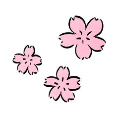 three pink flowers on a white background with black outline in the center and bottom corner