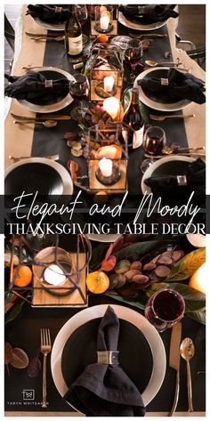 a table set for thanksgiving dinner with black and white plates, silverware and candles