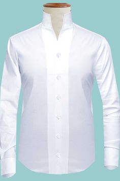 White Long Sleeve Dress Shirt With Concealed Placket, Elegant Shirt With Stand Collar And Buttons, Elegant Stand Collar Shirt With Buttons, Solid Shirt With Stand Collar And Buttons, Formal White Shirt With Stand Collar, White Formal Shirt With Stand Collar, Elegant Formal Shirt With Stand Collar, Solid Shirt With Stand Collar And Button Closure, Elegant Stand Collar Shirt For Formal Occasions