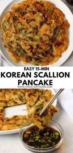 the korean scallion pancake has been cut into pieces and is ready to be eaten