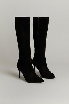 Blending The Tasteful With The Timeless, These Soft Suede Boots Lengthen Legs Thanks To Their Knee-High Silhouette And Mid-Height Spike Heels.. Textured Panels And Almond Toes Bring An Added Dash Of Sophistication. Wide Calf Suede Knee-high Boots, Knee-high Suede Lined Work Boots, Elegant High Shaft Knee-high Boots For Fall, Elegant Knee-high Boots For Fall, Suede Knee-high Boots For Work, Classic Fitted Suede Knee-high Boots, Suede Wide Calf High Heel Mid-calf Boots, High Heel Wide Calf Suede Mid-calf Boots, Wide Calf Suede Mid-calf Boots With High Heel