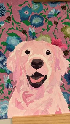 a painting of a white dog with flowers on it's head and pink background