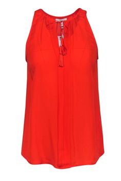 Current Boutique-Joie - Orange Silk Pleated Airlan Tank w/ Tassels Sz XS Chic Fringe Beach Tops, Vibrant Red Summer Tops, Casual Summer Tops With Back Tassel Tie-up, Summer Beach Tops With Tassel Ties, Beach Summer Tops With Tassel Ties, Red Fringe Tops For Summer, Chic Sleeveless Tassel Tops, Spring Beach Tops With Tassels, Chic Sleeveless Top With Tassels