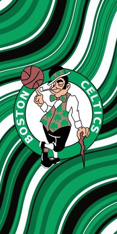 boston celtic basketball logo on green and white swirls with man holding a basketball in his right hand