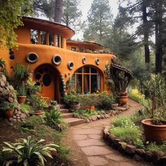 an orange house in the woods with plants and trees around it's entrance area