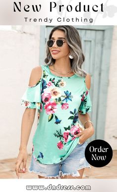 Floral Cold-shoulder Short Sleeve Top Trendy Cold Shoulder Summer Blouse, Spring Cold Shoulder Tops For Day Out, Green Non-stretch Summer Top, Spring Vacation Cold Shoulder Tops, Spring Cold Shoulder Top For Brunch, Green Off-shoulder Casual Top, Cold Shoulder Tops For Spring Brunch, Off-shoulder Floral Print Summer Top, Fitted One Shoulder Floral Print Tops