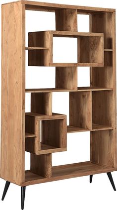 a wooden bookcase with multiple compartments and black legs