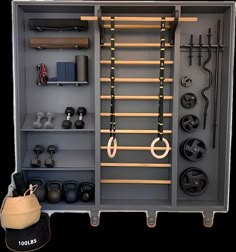 a gray cabinet with many different items in it