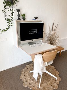 a desk with a computer on top of it and a plant in the corner next to it