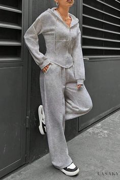 Lasaky - Soft Touch Sweat Suit with Adjustable Drawstrings Slim Fit Hoodie, Rose Sleeve, Hoodie Cardigan, Polyester Pants, Hooded Cardigan, Retro Outfits, Two Piece Set, Two Piece Outfit, Grey Hoodie