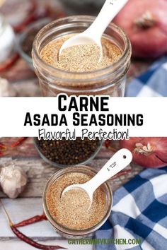 a jar filled with cayene and seasoning on top of a table