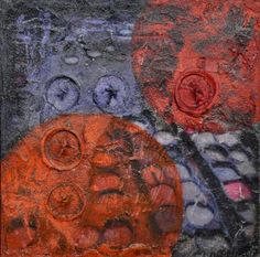 an abstract painting with red, blue and black circles in the center on a gray background