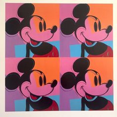 four squares with mickey mouse on them in different colors and sizes, each featuring multiple images of the same character