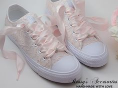 "Beautiful and Romantic wedding sneaker are a perfect accessories for your Special day..These Wedding WhiteChuck Taylor All Star Monochrome Low Top Converse Sneakers , are embellished with Blush Lace fabric . White Satin Ribbon shoe lace for tying ... Lace is available in white , Ivory andChampagne This Chuck Taylor All Star Monochrome Low Top runs a half-size large. Handmade to order, so please allow me enough time before your wedding date. Orders are processed and shipped within 4-5 WEEKS of p Pink Closed Toe Wedding Shoes, Lace-up Lace Wedding Shoes, Pink Lace-up Wedding Shoes, Lace-up Pink Wedding Shoes, Lace-up Bridesmaid Wedding Shoes, Low-top Wedding Shoes With White Laces, Round Toe Wedding Shoes With Laces, Round Toe Lace Wedding Shoes, Lace-up Wedding Shoes With Laces