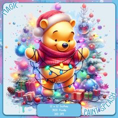 a winnie the pooh christmas card with lights and presents on it's chest