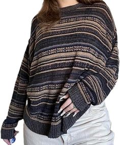 Casual Long Sleeve Round Neck Vintage Preppy Style Pullover Knitwear #afflink Preppy Mode, Sweater Y2k, Baggy Sweaters, Striped Knitted Sweater, Oversized Sweater Women, Y2k Long Sleeve, Sweater Autumn, Y2k Sweater