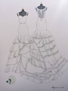 "This listing is for a front and back custom wedding dress hand drawing. Your dress was special from every angle. Why not showing the front and the dramatic back through a special keepsake? An original wedding dress illustration gives you a creative and unique way to enjoy and admire your dress for years to come.  This illustration would make a perfect wedding gift or one year anniversary gift. It can be an elegant wall hanging, or you can beautifully display it in a shadow box as a keepsake. Th Wedding Dress Drawing, Custom Wedding Dress Sketch, Wedding Dress Sketch, Wedding Dress Drawings, Wedding Dress Illustrations, Dress Sketch, Wedding Dress Sketches, Wedding Dresses Cinderella, Dress Illustration