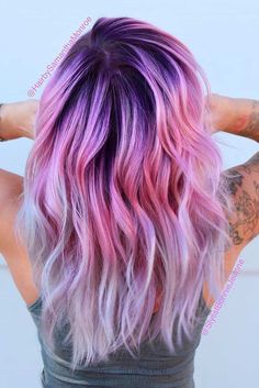 Bright Colors of Purple Ombre Hair picture 6 Pink And Lavender Hair Dark Roots, Vivid Colour Hair, 2023 Fun Hair Color Trends For Women, Different Color Hair Ideas Ombre, Purple Shadow Root Pink Hair, Vivid Hair With Shadow Root, Blonde Hair With Pink And Purple, Colourful Ombre Hair, Dark To Light Purple Ombre Hair