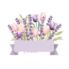 a bouquet of tulips and lavender flowers with a purple ribbon around the corner