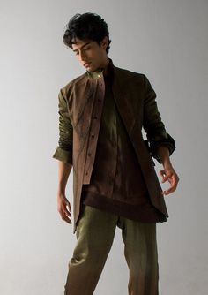 Jatin Malik-Olive Brown Shacket-INDIASPOPUP.COM Festive Cotton Outerwear With Stand Collar, Festive Cotton Stand Collar Outerwear, Casual Festive Outerwear, Casual Long Sleeve Festive Outerwear, Festive Long Sleeve Casual Outerwear, Festive Long Sleeve Cotton Outerwear, Traditional Stand Collar Kurta For Fall, Festive Fall Kurta With Stand Collar, Festive Kurta With Stand Collar For Fall