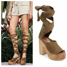 New Free People Women’s Olive Suede Wrap Lace Up Wood Platform Clog Sandals Summer Suede Lace-up Sandals With Wrapped Heel, Brown Platform Lace-up Sandals For Summer, Brown Block Heel Lace-up Sandals For Spring, Summer Suede Lace-up Sandals With Round Toe, Brown Leather Lace-up Sandals With Block Heel, Brown Lace-up Sandals With Round Toe For Spring, Brown Bohemian Heels For Spring, Bohemian Brown Heels For Spring, Brown Suede Lace-up Beach Sandals