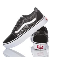 Sides covered with black glitter fabric, black laminated laces, original laces. Vans Platform, Vans Shop, Fabric Black, Marine Serre, Glitter Fabric, Sneaker Wedge, Black Glitter, Custom Shoes, Beautiful Shoes