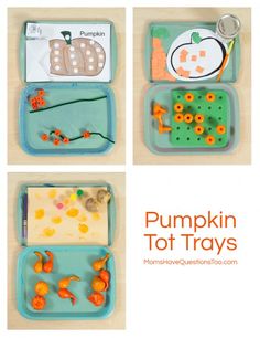 four different trays filled with pumpkin tot trays