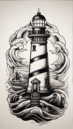 a black and white drawing of a lighthouse in the middle of water with waves around it