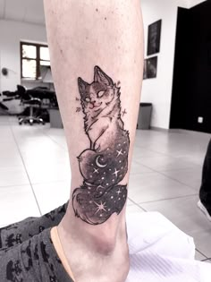 a cat sitting on top of a person's leg with stars in the sky