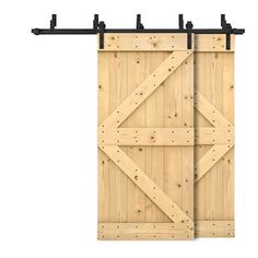 an open wooden door with metal bars on the top and bottom, against a white background