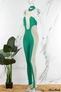 Olivia Mark - Chic Green Contrast Halter Skinny Jumpsuits with Stylish Patchwork and See-through Design Green Stretch Jumpsuits And Rompers For Spring, Green High Stretch Jumpsuit For Summer, High Stretch Green Jumpsuit For Summer, Fitted Green Jumpsuit, Green Stretch Bodysuit For Spring, Green Fitted Casual One-piece, Jumpsuit Casual, Happy Spring, Casual Jumpsuit