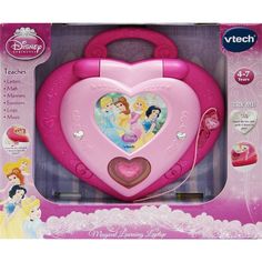 a pink heart shaped toy with princesses on it