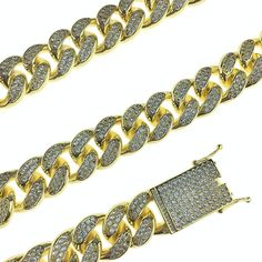 Men's 24"x 19 mm Cuban hip hop chain. 14K gold plated - high quality brass metal. Heavy chain has serious weight - 315 grams. Encrusted with round cut vivid CZ stones. Super stylish micro pave chunky box clasp. Chain shines hard - clean bright stones. A premium chain for the hip hop lifestyle. 100% FREE SHIPPING in USA. Order now! Gold Cuban Link Necklace For Streetwear, Gold Cuban Link Necklace With Curb Chain For Streetwear, Gold Chunky Chain Jewelry For Streetwear, Gold Chain Link Jewelry For Streetwear, Gold Link Jewelry For Streetwear, Gold Chain Link Necklace For Streetwear, Gold Chain Necklace For Streetwear, Gold Iced Out Cuban Link Necklace, Gold Cuban Link Necklace Iced Out