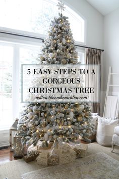 a christmas tree with presents under it and the words 5 easy steps to a gorgeous christmas tree