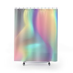 a shower curtain with an iridescent pattern on the bottom and sides, in front of a white background