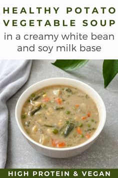 Potato and vegetable soup in a bowl on a concrete backdrop with a tea towel and plant leaves surrounding the soup bowl. Potato Vegetable Soup, Vegan Vegetable Soup, Vegetarian Pot Pie, Vegan Potato Soup, Vegan High Protein, Liver Cleansing, Healthy Potato