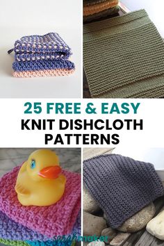 knit dishcloth patterns with text overlay that reads 25 free and easy knit dishcloth patterns