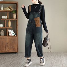 Lasaky - Vintage Color Block Loose Denim Overalls Wide Leg Jumpsuit Suspenders Fashion, Womens Denim Overalls, Overalls Casual, Suspenders For Women, Trendy Fits, Patched Jeans, Vintage Color, Retro Women, Ankle Length Pants