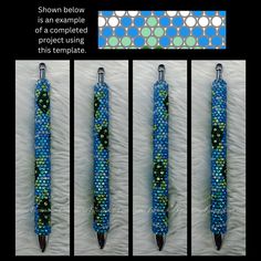 three different images of pens with blue and green designs on them, one is in the middle