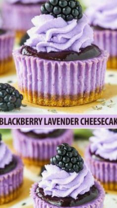 blackberry lavender cheesecakes with purple frosting and blackberries on top