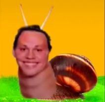 an image of a smiling man with snails on his head in the middle of green grass