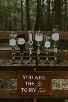 a wooden sign that says you are the gin to my tonic on it and five different types of beer in glasses