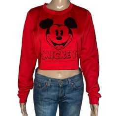 Nwot. Never Worn. Long Sleeves. Cropped Fit. Mickey Mouse Face On Front. 20” Pit To Pit X 16” Long Fall Streetwear Mickey Mouse Tops, Disney Letter Print Top For Fall, Fall Cotton Mickey Mouse Tops, Fall Mickey Mouse Cotton Tops, Casual Long Sleeve Tops For Disney Fan Events, Red Long Sleeve Mickey Mouse Sweatshirt, Mickey Mouse Crew Neck Top For Streetwear, Trendy Minnie Mouse Crew Neck Top, Disney Letter Print Tops For Streetwear