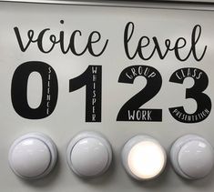 there is a sign that says voice level 0123 and two lights on the wall