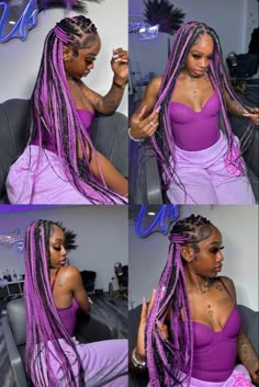 Color Ideas For Box Braids, Colored Protective Hairstyles, 2 Toned Braids, Purple Lemonade Braids, Orange And Blue Braids, Cute Color Braids, Purple And Black Braids Hairstyles, Color Combinations Braids, Purple Braids Black Women