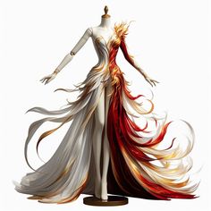 a white dress with red and yellow feathers is on a mannequin's head