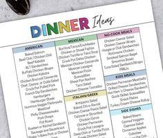 a printable dinner menu on top of a table