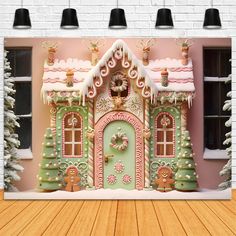 a gingerbread house is decorated with icing and christmas decorations on the front door