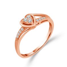 A romantic symbol of your love, this promise ring is sure to delight her. Delicately fashioned in 10k rose gold, this ring features a heart frame enveloping sparkling round diamonds. Additional round diamonds adorn the shoulders of the band. Diamonds are 1/10ctw, H or better in color, and I2 or better in clarity. Rose Gold Diamond Heart Ring For Proposal, Rose Gold Heart Ring With Brilliant Cut For Promise, Promise Heart Ring In Rose Gold With Brilliant Cut, Rose Gold Brilliant Cut Heart Promise Ring, Rose Gold Heart Cut Diamond Promise Ring, Rose Gold Brilliant Cut Diamond Ring For Valentine's Day, Rose Gold Diamond Heart Ring For Promise, Rose Gold Heart-shaped Diamond Ring For Proposal, Rose Gold Diamond Heart Ring With Round Cut