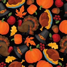 a thanksgiving pattern with turkeys, pumpkins and leaves on a black background for wallpaper